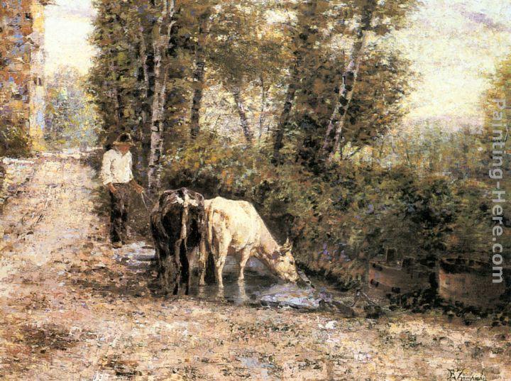 Eugenio Zampighi Cows Watering at a Quiet Pool